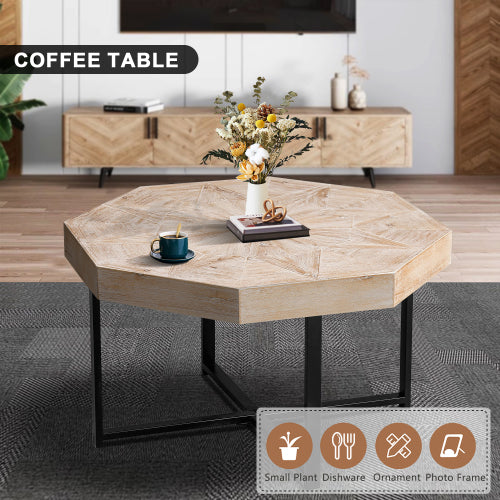 30 Inch Octagonal Patchwork Coffee Table, Antique Wood
