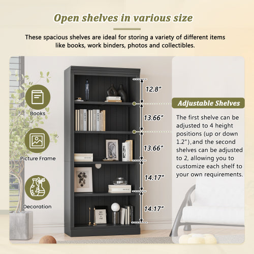 Black 5-Tier Tall Bookshelf With USB LED Light Strip Adjustable Home Display Rack