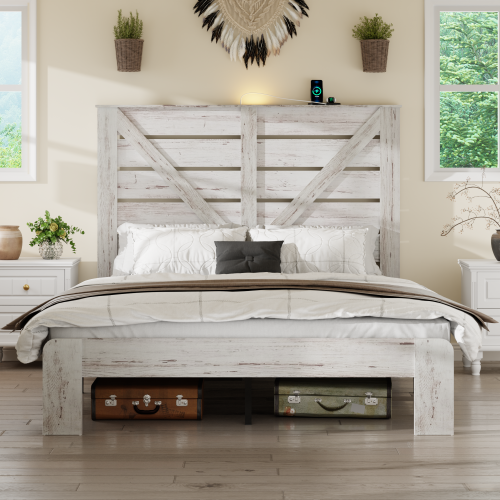Queen Bed Frame Headboard , Wood Platform Bed Frame , Noise Free,No Box Spring Needed and Easy Assembly Tool,Large Under Bed Storage,White