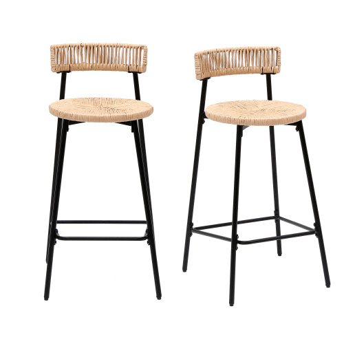 Hand Woven Bar Stools with Back Set of 2 Paper Rope Round Barstools with Footrest for Kitchen Island & Dining Rooms (Black & Honey)