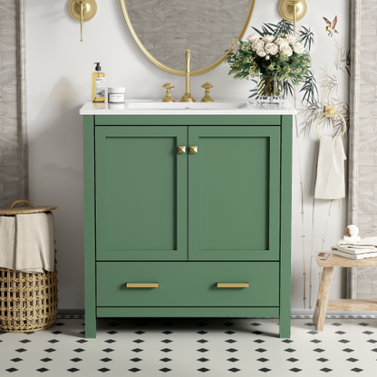30 Inch Green Bathroom Vanity with Single Sink, Combination Under Counter Sink, Bathroom Storage Cabinet with 2 Doors and a Drawer, Soft Closure, Multifunctional Storage(WF324043)