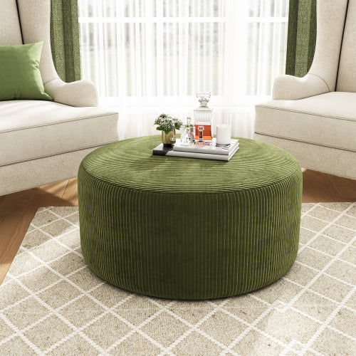 30.5 Inch Olive Green Corduroy Round Ottoman, Upholstered Modular Footrest with Spring & Foam Cushion Support