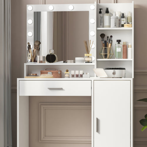 White Vanity Desk with Mirror & Light, 12 LED Bulbs, Large Drawer, 3 Shelves & 3-Level Cabinets, 3 Lighting Modes