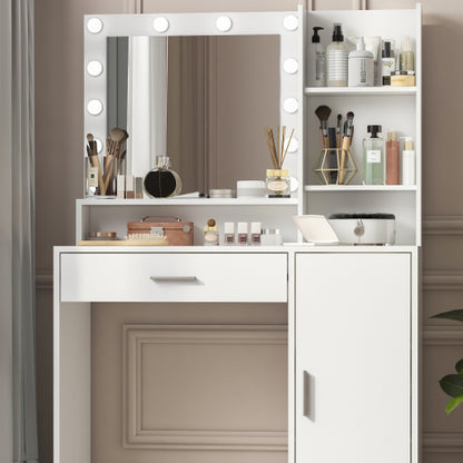 White Vanity Desk with Mirror & Light, 12 LED Bulbs, Large Drawer, 3 Shelves & 3-Level Cabinets, 3 Lighting Modes