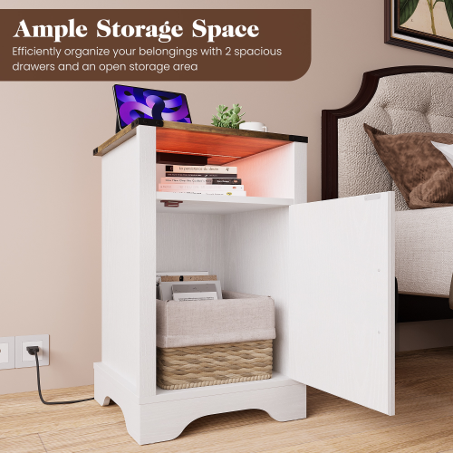 LED Nightstand with Charging Station, Farmhouse Wooden Side Table with Cabinet and Shelf