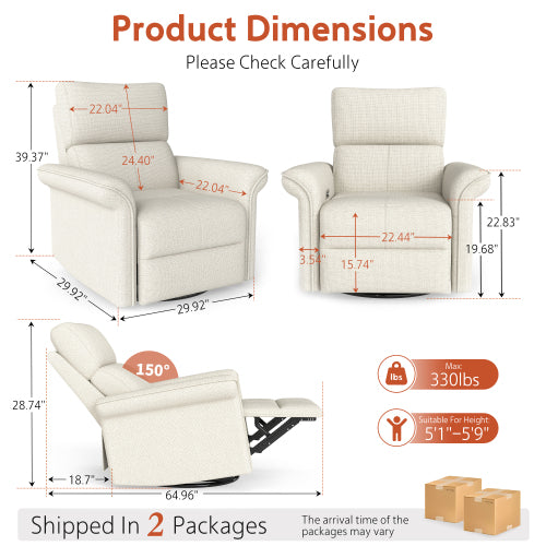 Power Swivel Rocker Recliner Chair for Adults,Rocking Glider Recliner for Small Spaces,Fabric Rocking Chair for Nursery,Single Sofa Recliner for Home Theater Living Room Bedroom(Fabric+Light Gray)