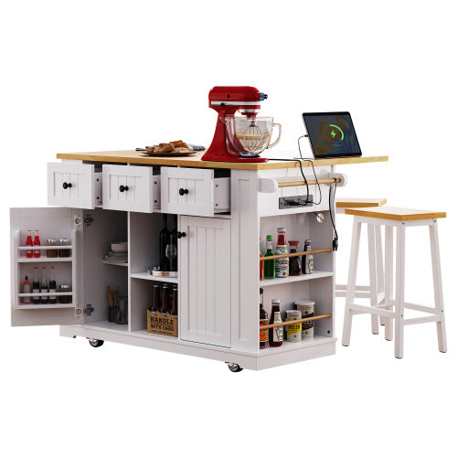 53inch Large Kitchen Island with 2 Bar Stools, Power Outlet,Door Internal Storage Rack, Kitchen Storage Cart on 5 Wheels with Drop Leaf, 5 Open Side Racks, 3 Drawers,White(Three Packages)