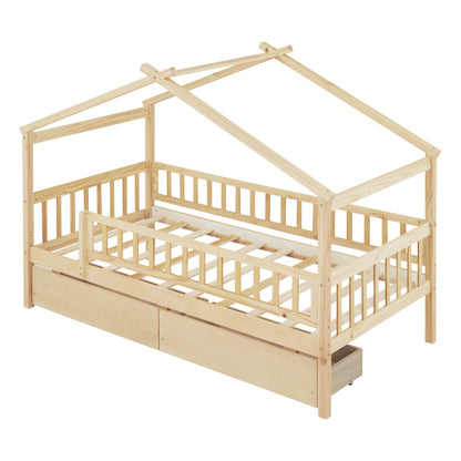 Twin Size Wooden House Bed with Two Drawers, Natural