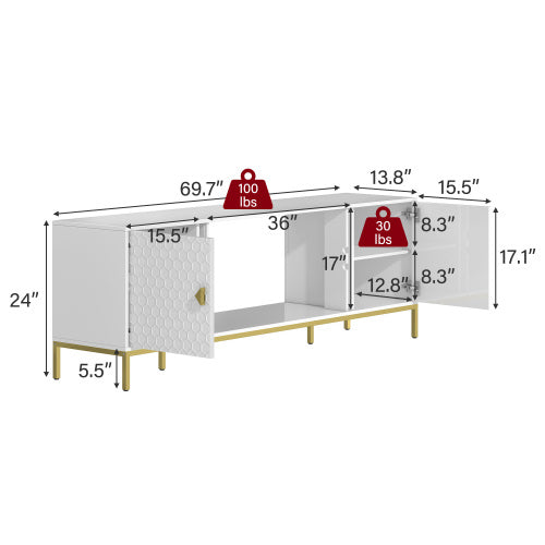 70 Inch White Honeycomb Embossed TV Stand with Golden Tapered Legs (Fireplace Space Reserved)