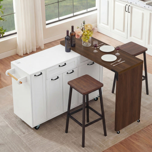 102 Inch Kitchen Island with Extendable Dining Table & Trash Storage White