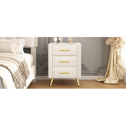 Upholstered Wooden Nightstand with 3 Drawers and Metal Legs&Handles, Bedside Table with Marbling Stickers Worktop - Beige