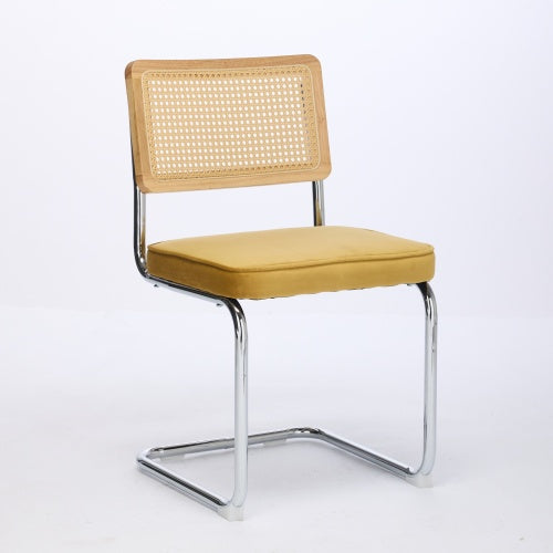 Set of 2 Golden Cane Back Cantilever Dining Chairs, Velvet Upholstered Chrome Double Steel Pipe Base 360 LBS Capacity