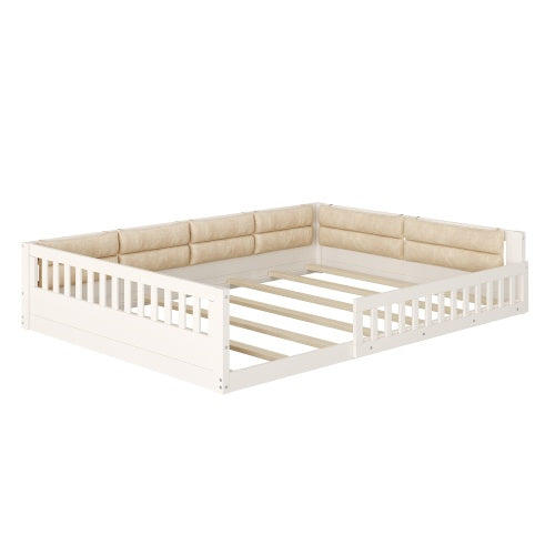 Wood Full Size Upholstered Platform Bed with Guardrail and Pillow, Beige