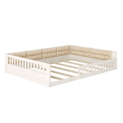 Wood Full Size Upholstered Platform Bed with Guardrail and Pillow, Beige