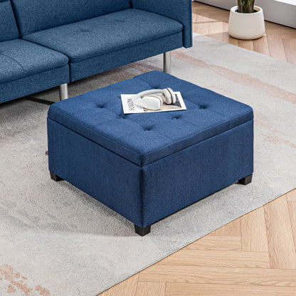 Blue Button Tufted Storage Ottoman with Flip Top, Eucalyptus Wood Frame Square Foot Stool with Safety Metal Hinge