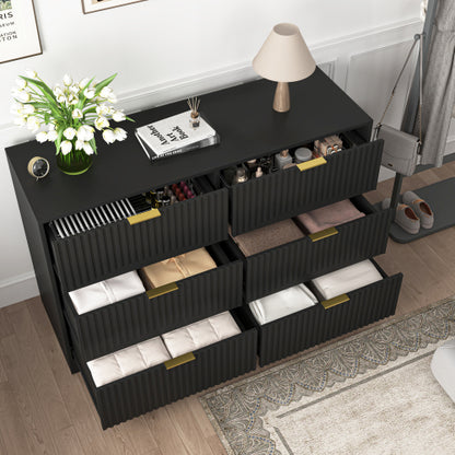 Modern 6-Drawer Dresser, Chest of Drawers for Bedroom, Living Room, Hallway, and Entryway - Large Storage Cabinet, Black,Drawer panel with wavy patterns