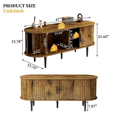 47 Inch Brown Mid-Century Fluted Sliding Door TV Console MDF Entertainment Center with Metal Legs