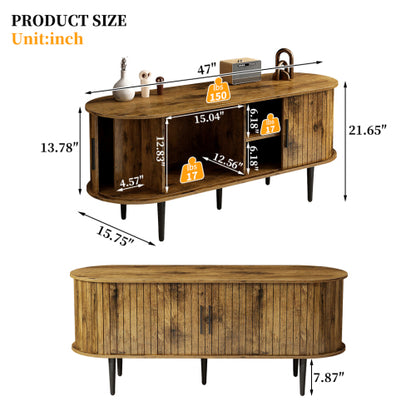 47 Inch Brown Mid-Century Fluted Sliding Door TV Console MDF Entertainment Center with Metal Legs