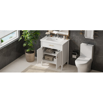 31" Bathroom Vanity with Sink, Bathroom Cabinet with Soft Close Doors and Adjustable Shelf, Curved Profile Design, Rubber Wood Legs, White