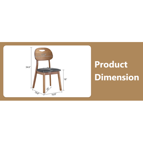 Set of 2 Walnut Solid Wood Dining Chairs, Hollow Back Chairs with Black PU Seat Cushion
