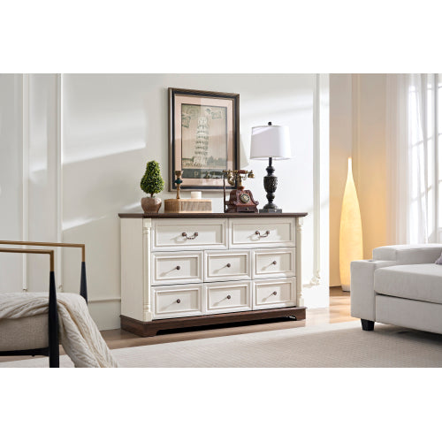 8 Drawer Dresser Chest for Bedroom with Wooden Base and Riser Trim, Wooden Rustic Rustic Chest of Drawers, Storage Dresser for Bedroom, Living Room