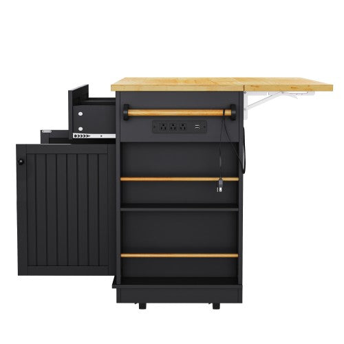 48inch Kitchen Island with 2 Bar Stools, Power Outlet, Internal Storage Rack, Kitchen Storage Cart on 5 Wheels with Drop Leaf, 5 Open Side Racks, Drawers, Black (Old SKU N707S000015B)(Three Packages)