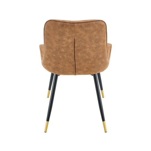 Set of 2 Brown Leathaire Tech Fabric Dining Chairs, Black Semi-Gloss Metal Leg Gold Trim Adjustable Feet Vertical Stitch High Back