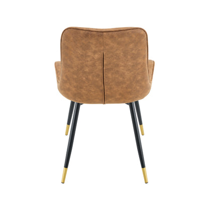 Set of 2 Brown Leathaire Tech Fabric Dining Chairs, Black Semi-Gloss Metal Leg Gold Trim Adjustable Feet Vertical Stitch High Back