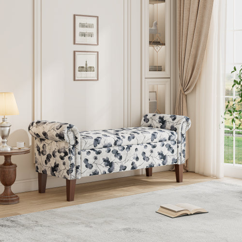 Traditional Rolled Arm Storage Bench Ottoman with Pewter Nailhead Trim in Black Floral with Dark Brown Solid Wood Legs