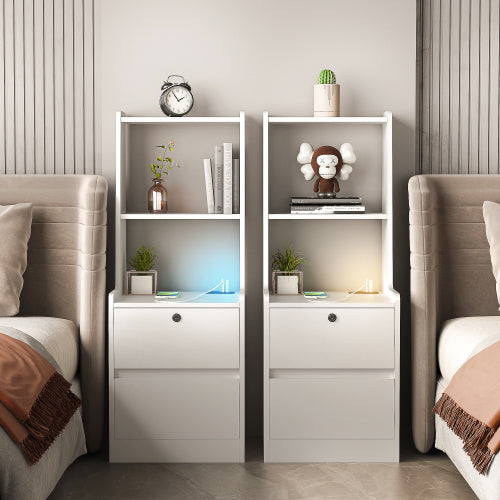 White 2 Pack Smart Nightstand, Voice Control Night Light & Charging Station with Lockable Cabinet