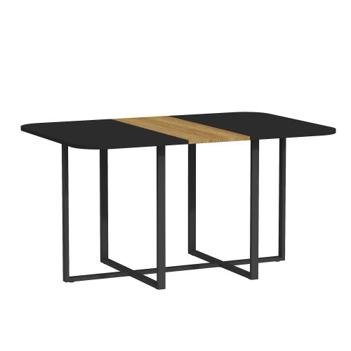 Two-Tone Waterproof MDF Kitchen Table, Multi-Functional Dining Work Table with Wood Strip & Metal Base