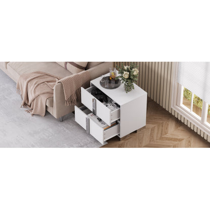Modern End Table with Drawers, Elegant Nightstand with Metal Foot,Wood Bedside Table with Mirrored Metal Handles,Sofa Side End Table for Bedroom Living Room Office,White