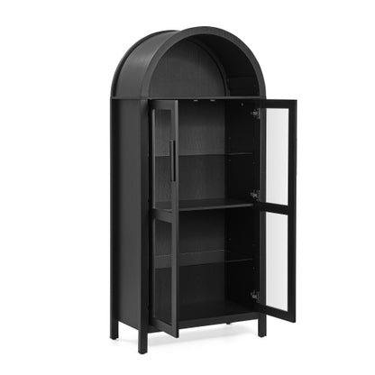Black High Arched LED Light Storage Cabinet MDF Poplar Wood Adjustable Glass Partition Multi-Functional Home Display Cabinet