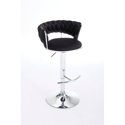 Set of 2 Bar Stools,with Chrome Footrest and Base Swivel Height Adjustable Mechanical Lifting Velvet + Chrome  Leg Simple Bar Stool-BLACK