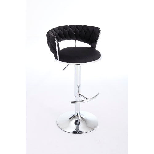 Set of 2 Bar Stools,with Chrome Footrest and Base Swivel Height Adjustable Mechanical Lifting Velvet + Chrome  Leg Simple Bar Stool-BLACK