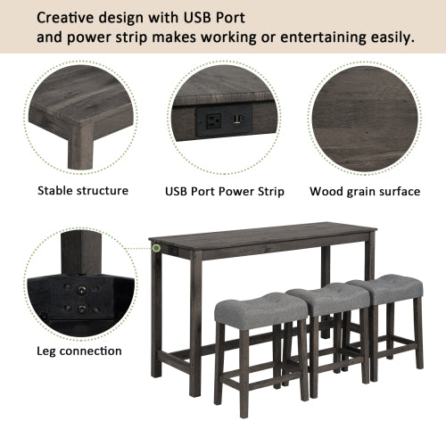 4 Piece Bar Table Set with Power Outlet,Bar Table Set with Chairs,Sofa Bar Table with Stools,Behind Couch Table with 3 Padded Stools,for Living Room,Dining room, Dark Gray