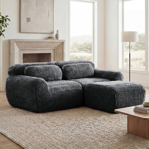 Dark-Grey L-Shaped Boneless Plush-Fabric Modular Sofa with Chaise & Throw Pillows No-Assembly