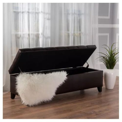 Dark Brown PU Storage Ottoman Bench, Tufted Upholstery with Rubber Wood Legs, 300 LBS Capacity, 51.18 inchL x17.52 inchW x18 inchH