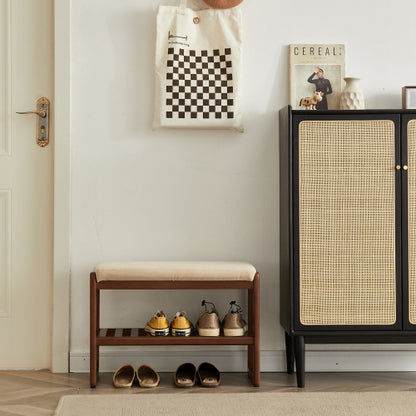 (Walnut Color) Solid Wood Shoe Bench, Beech Wood Storage Rack Organizer with High Rebound Sponge Cushion