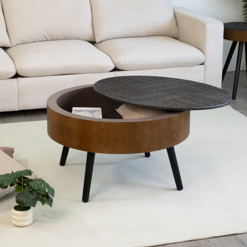 31.5inch  Round Carved Coffee Table, Black & Brown