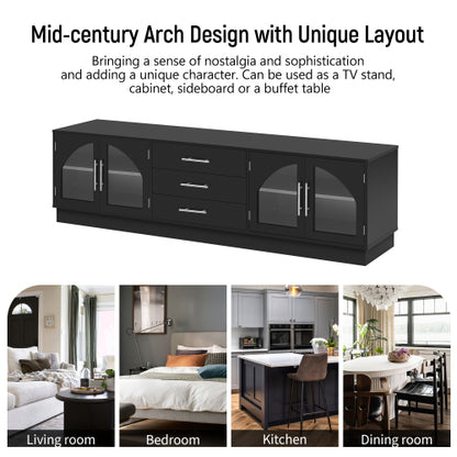 68.9 Inch Minimalist Arched Glass TV Stand for 75 Inch TV with 3 Drawers & Adjustable Shelves