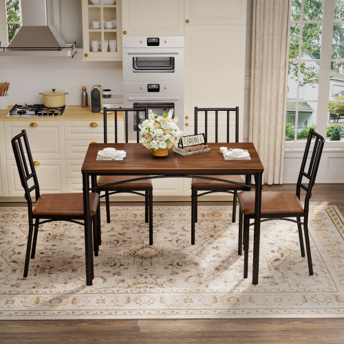 4-Piece Walnut Industrial Dining Set, Table & 4 PU Benches