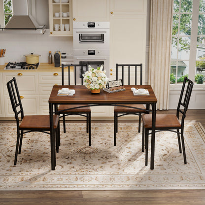 4-Piece Walnut Industrial Dining Set, Table & 4 PU Benches