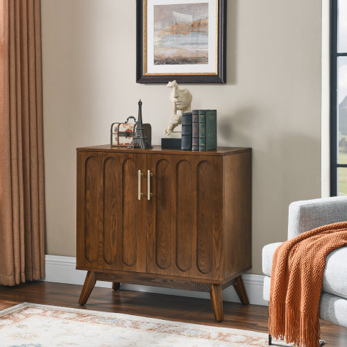 Fluted Sideboard Cabinet with Adjustable Shelves and Wood Legs Walnut Storage