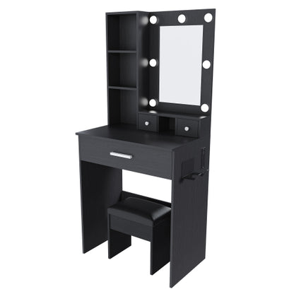Black Compact LED Vanity Table Set, Power Outlet, Hairdryer Holder & Upholstered Stool