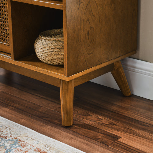 Mid Century Rattan Sideboard Cabinet with Adjustable Shelves and Wood Legs Light Wood