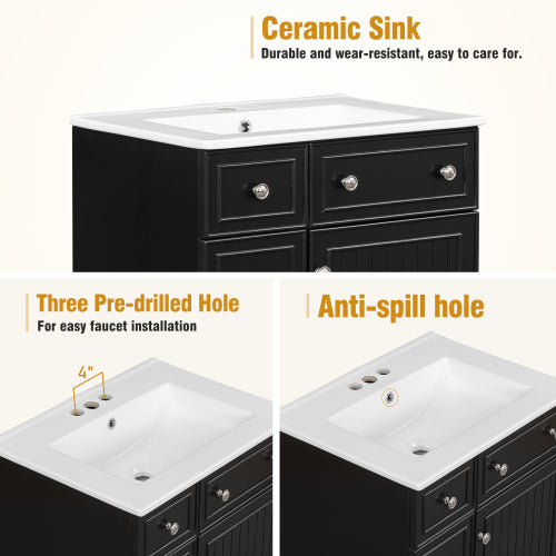 24-Inch Bathroom Vanity Cabinet with Ceramic Sink, 2 Drawers, 1 Door