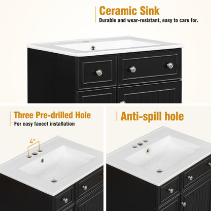 24-Inch Bathroom Vanity Cabinet with Ceramic Sink, 2 Drawers, 1 Door