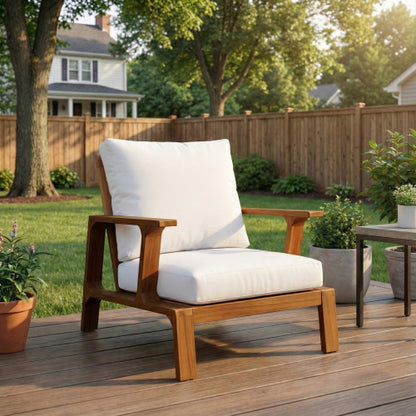 Patio Accent Chair 27.6" Wood Chair Outdoor Lounge Chair for Patios, Gardens, or Balcony, Teak Finish  White Cushion