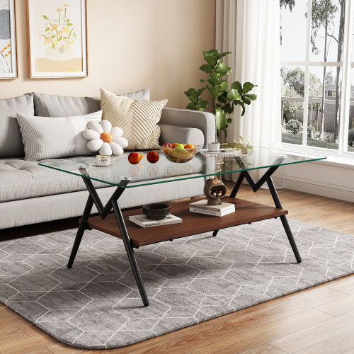 Rectangle Glass Coffee Table Black Metal Legs Modern Living Room Center Table 38 Inch